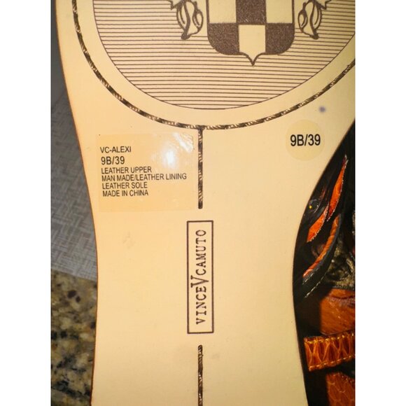 Vince Camuto Orange Snake-Embossed Flat Sandals 9 Gold Leather Flower Accent - Picture 7 of 11